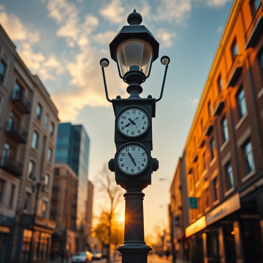 Create an elegant street lamp with dual clocks at the base, positioned in a vibrant urban setting during golden hour, captured with a DSLR camera at f/8 aperture, ISO 100, 50mm lens, from a low angle perspective to enhance the dramatic effect and depth.