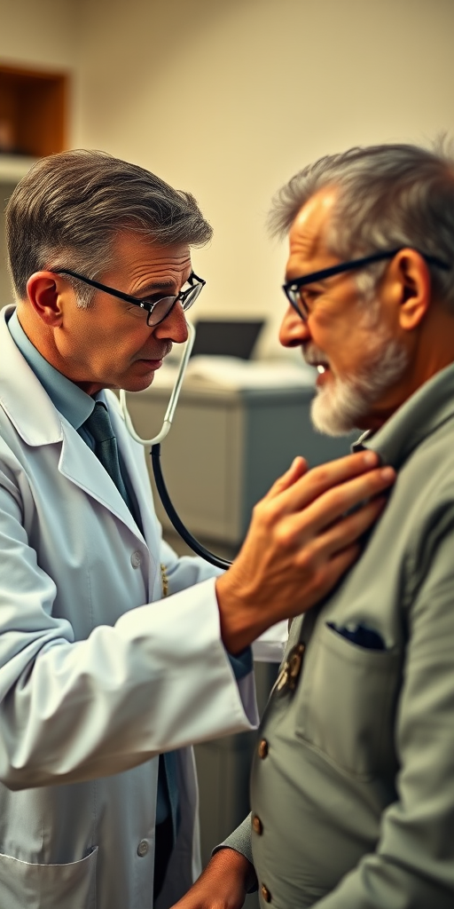 create a high-resolution image of a vintage doctor examining a patient with a stethoscope, in a well-lit room, using a Canon EOS 5D Mark IV camera, aperture f/2.8, ISO 100, 50mm lens, soft focus style