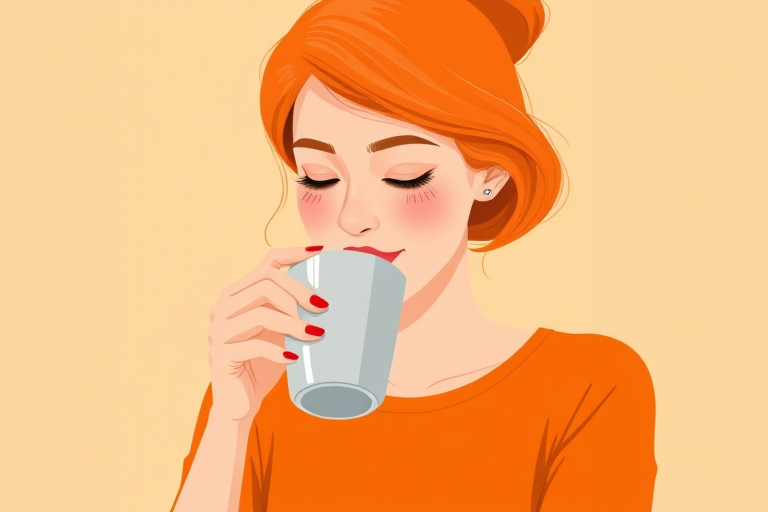 Illustration of a woman with orange hair sipping coffee from a cup, wearing an orange top, minimalist style, focus on warm colors, subtle shadowing, flat design, digital art, camera settings: f/8, ISO 100, shutter speed 1/125 sec, camera view: medium close-up, camera type: DSLR, camera style: vibrant color profile.