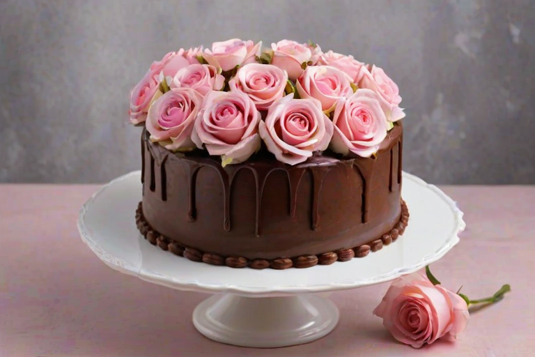 Create an image of a round chocolate cake topped with delicate pink roses and assorted floral decorations. The cake should have a glossy finish and be placed on a simple white cake stand. The background should be soft and light, enhancing the elegance of the cake.