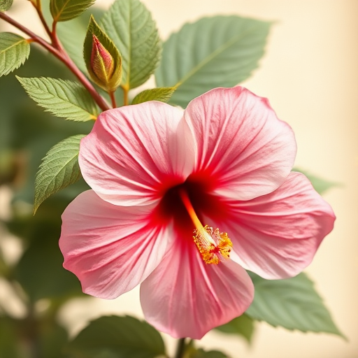 Create a vintage botanical illustration of a pink hibiscus flower with detailed leaves, using a macro lens, f/4 aperture, 1/125 shutter speed, ISO 100, shot in natural light from a top-down view with a soft focus background.