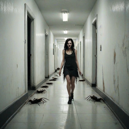 a crooked female with long arms and a creepy smile is crawling along a long white corridor and you can also see cockroaches in it there is a creepy atmosphere creepy art style