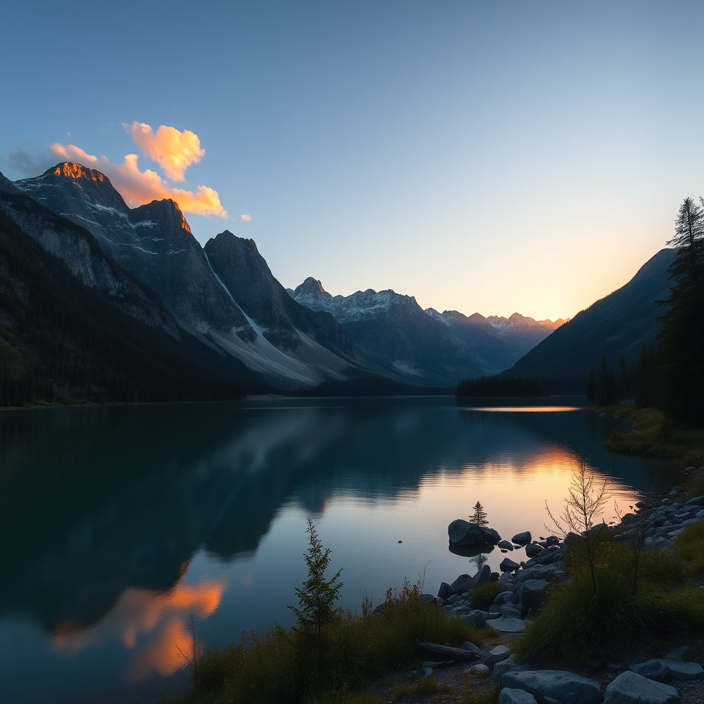 high-resolution image of a scenic landscape at sunrise with mountains in the background and a calm lake in the foreground, ISO 100, f/8, 1/200s, 24mm lens, wide-angle view, DSLR camera, natural lighting