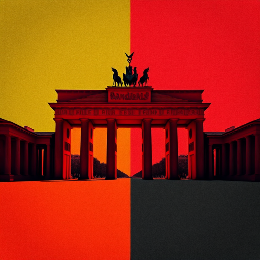 Create a high-resolution image of the Brandenburg Gate silhouette on a textured background featuring the German flag colors, using a Canon EOS 5D Mark IV with a 50mm lens, f/2.8 aperture, ISO 100, and a slightly blurred background for depth.