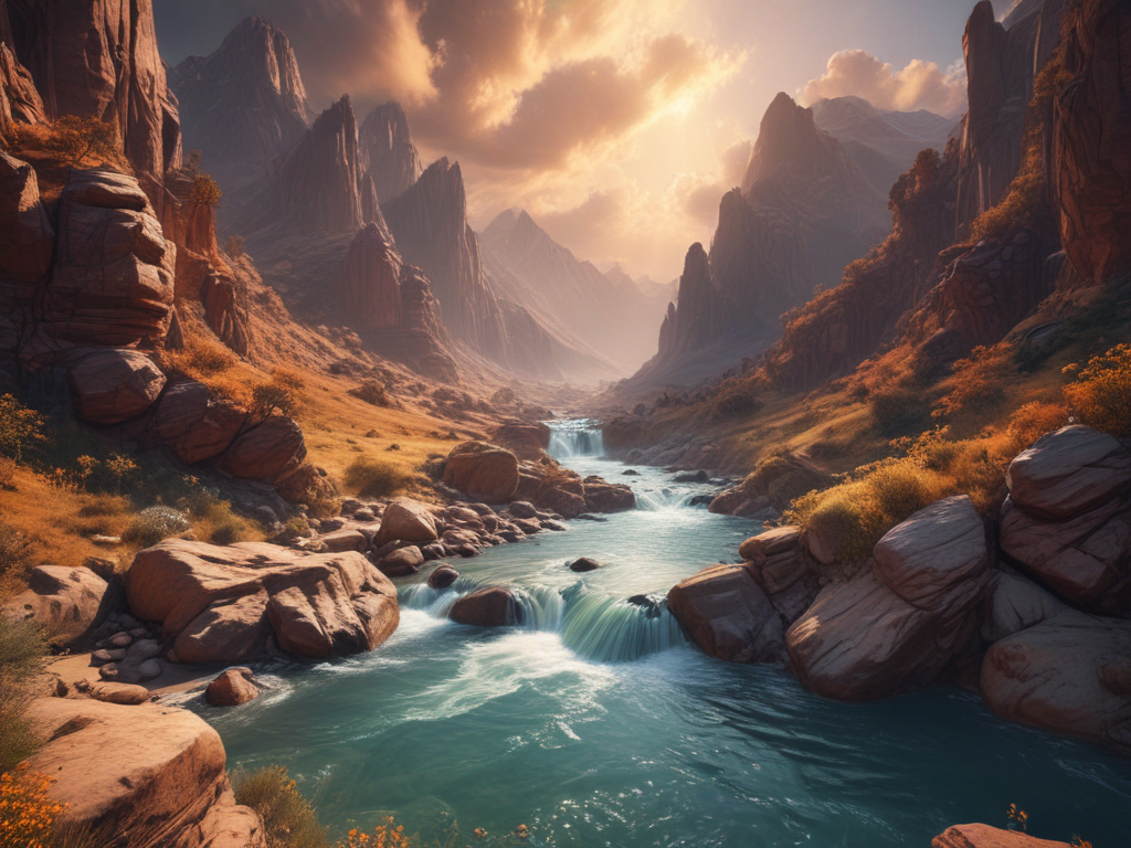 Majestic Mountain Landscape with a Serene River Flowing Through Valleys