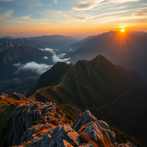 Create a highly detailed image of a serene mountain landscape during sunrise with mist rising from the valleys, using a DSLR camera with a 24mm lens, aperture set to f/11, ISO 100, and a shutter speed of 1/200 sec, shot from a high vantage point to capture the expansive view in vibrant colors and sharp clarity.