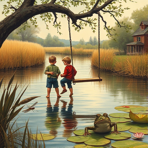 Imagine a small group of old fashioned young boys out fishing by the creek, a swing hanging from a tree branch, reeds and grasses by the water's edge, a frog sitting on a lily pad, dragonflies hovering over som water plans, a very iconic old fashioned scene reminiscent of a Norman Rockwell painting style