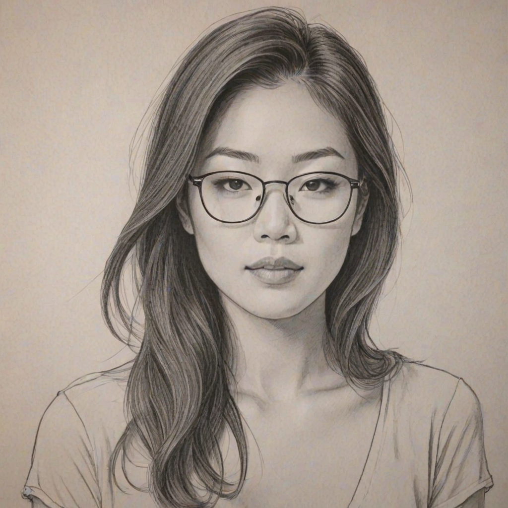 Alluring Arden Cho, pencil sketch, portrait of Lovely woman 1975s in glasses, hair style beatnik, outline, clear lines, fine lines, 8k