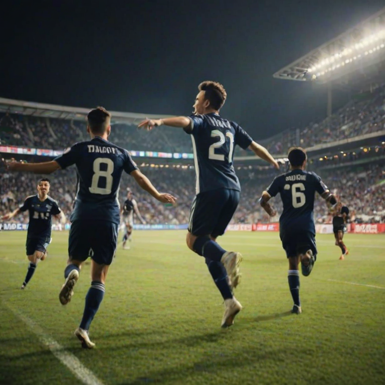 Blurry action shot of a soccer team celebrating a goal, players jumping in mid-air, arms raised in victory, stadium lights casting harsh shadows, and distant fans waving flags and cheering loudly.