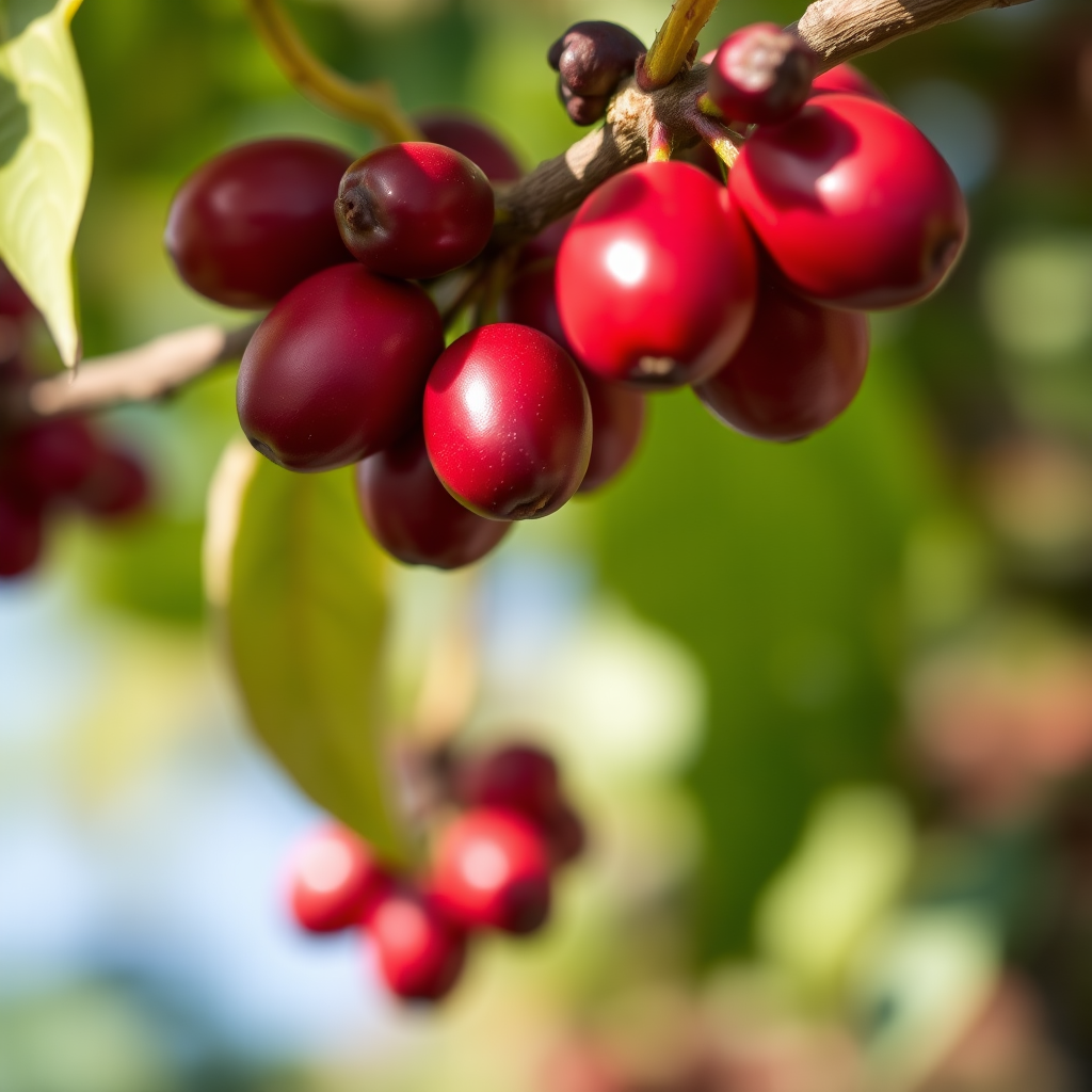 macro shot of coffee cherries on a branch with a blurred background, f/2.8 aperture, 1/500 sec shutter speed, ISO 100, 50mm lens, natural sunlight, vibrant colors
