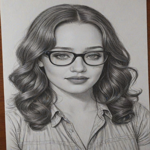 Resplendent Kat Dennings, pencil sketch, portrait of Ravishing woman 1975s in glasses, hair style beatnik, outline, clear lines, fine lines, 8k