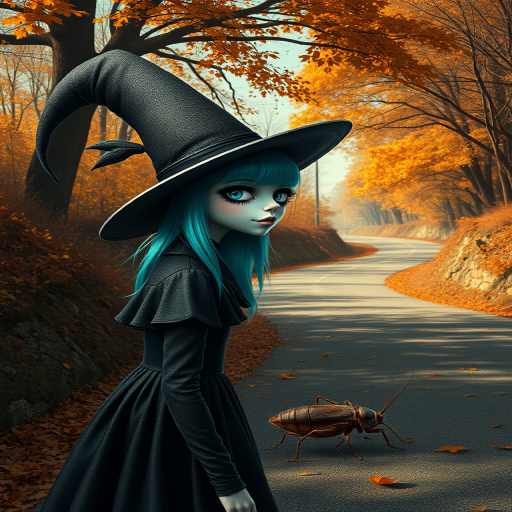 digital art fantasy depicting a strange girl with cyan hair, long eyelashes, white lipstick and a tall hat walking along a winding road on an autumn afternoon, an Cockroach smiles as she passes