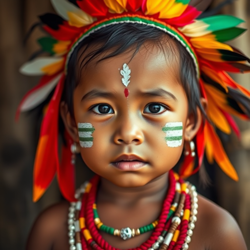 A young indigenous child wearing traditional attire with colorful feathers in their hair and face paint, captured in soft natural light with a shallow depth of field, using a Canon EOS R5 with a 50mm f/1.2 lens at ISO 100, f/1.2 aperture, and 1/200s shutter speed.