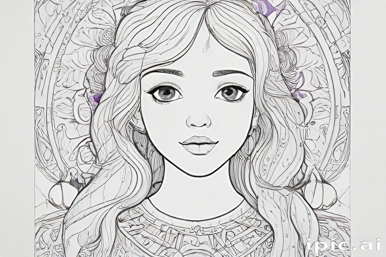 Intricate Line Art Portrait of a Young Woman Surrounded by Floral Patterns