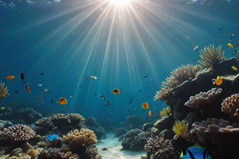 Vibrant underwater scene, showcasing a school of tropical fish swimming around a coral reef, with sunlight filtering through the water’s surface, creating a magical play of light and shadow.
