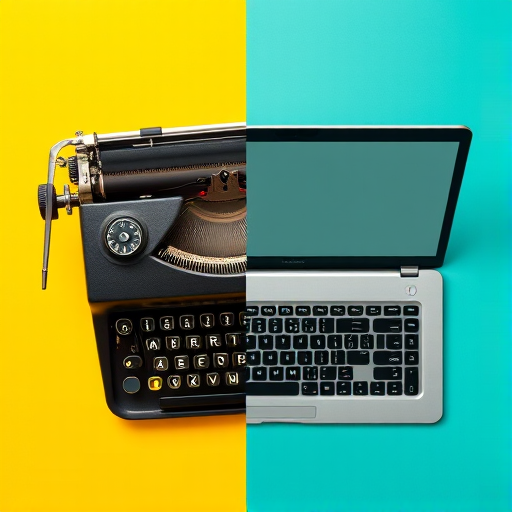 Create an image of a vintage typewriter on the left side contrasting with a modern laptop on the right side, use a bright yellow background for the typewriter and a vibrant turquoise background for the laptop, shot with a Canon EOS R5, 50mm lens, f/1.8 aperture, ISO 100, natural lighting, top-down view.