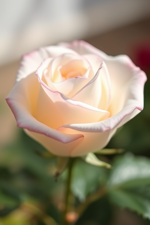 Create a high-resolution image of a soft white rose with delicate pink edges, captured in natural light using a 50mm lens at f/1.8, with a shallow depth of field, in a macro photography style, using a full-frame DSLR camera.