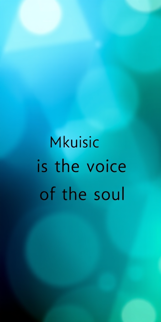 Create an abstract image with a blue and green gradient background featuring translucent geometric shapes, soft lighting, and the text "Music is the voice of the soul" in a modern font, captured with a DSLR camera at f/2.8, ISO 200, and 1/60 sec shutter speed, using a macro lens for enhanced detail and depth.