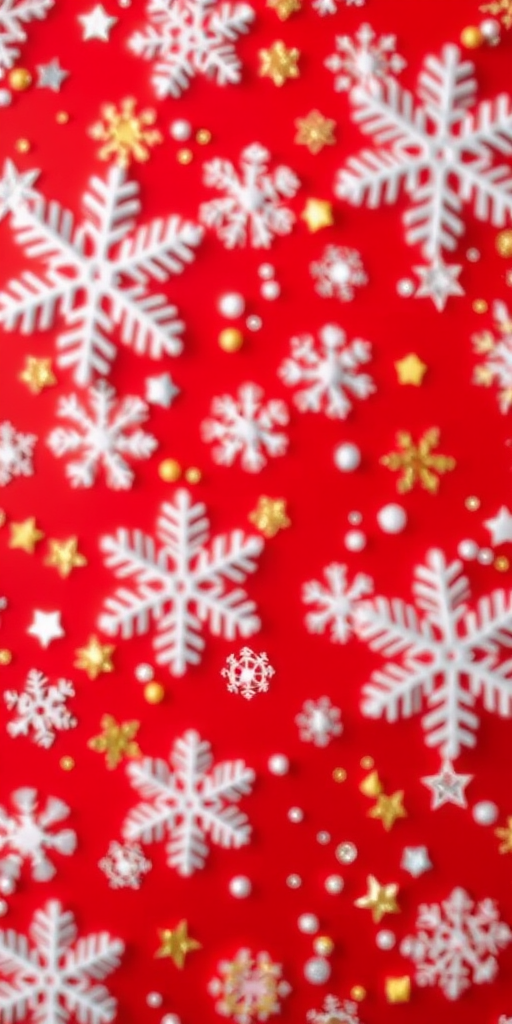Create a vibrant red background filled with various white and gold snowflakes and sparkling stars, soft focus effect, aperture f/2.8, shutter speed 1/60s, ISO 100, shot from a slightly elevated angle using a digital SLR camera.