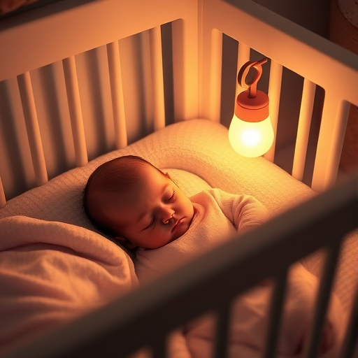 Warm, softly lit image of a baby sleeping peacefully in a crib, soft glow from a nearby nightlight casting warm shadows on the walls, the smell of lavender and baby powder lingering in the air, a sense of tranquility and innocence captured.
