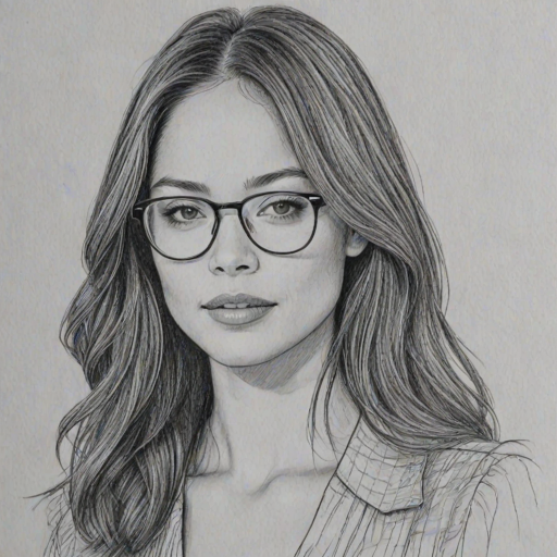 Comely Kristin Kreuk, pencil sketch, portrait of Captivating woman 1973s in glasses, hair style beatnik, outline, clear lines, fine lines, 8k