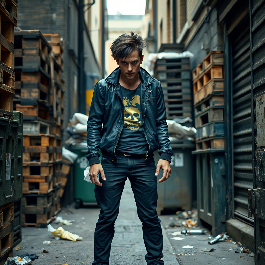 generate an ultra-realistic, highly detailed photograph of a punk. he's standing still, looking menacingly at the camera. he's in a narrow, dirty London street. there are wooden crates stacked up. overflowing rubbish bins, rubbish on the ground.