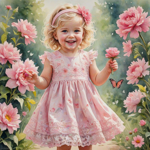 hyperrealism happy smiling toddler girl with messy wavy blonde hair with a headband, she is wearing a pink and white lace dress with pink and white shoes, she is holding a pink bouquet of flowers. Pink flowers and butterflies. summer background. Watercolor Highly detailed