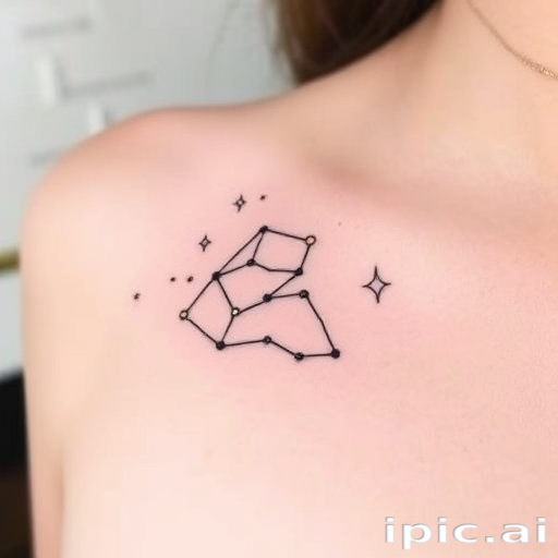 Minimalist line art tattoo named "Celestial Whisper" featuring delicate, continuous lines forming constellations and cosmic elements, with subtle pops of metallic gold ink for added ethereal charm
