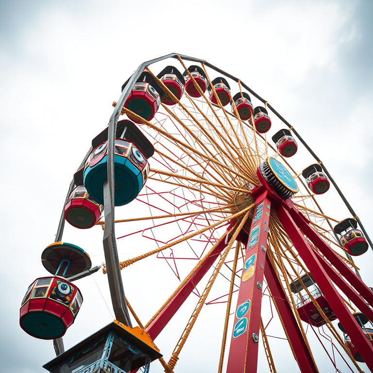 Capture a high-resolution image of a colorful ferris wheel with close-up detail on the gondolas, using a DSLR camera with a 50mm lens, f/2.8 aperture, ISO 100, and a shutter speed of 1/500 sec, taken from a low angle to emphasize the height and structure against a cloudy sky.