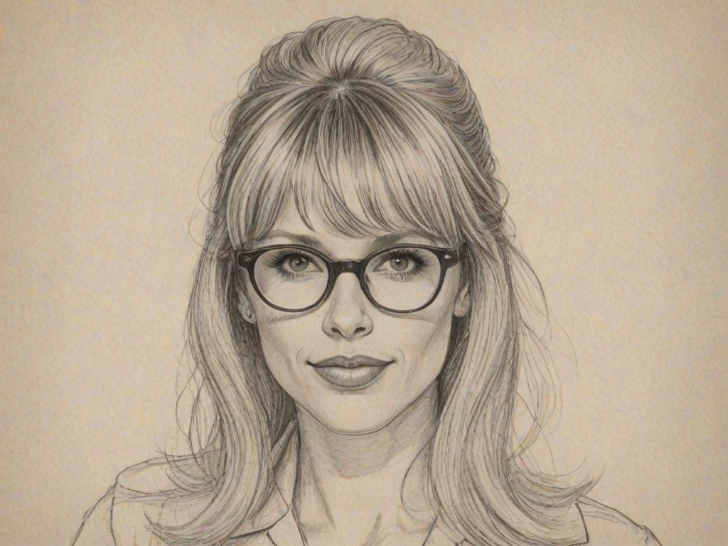 Radiant Lucy Punch, pencil sketch, portrait of Comely woman 1963s in glasses, hair style beatnik, outline, clear lines, fine lines, 8k