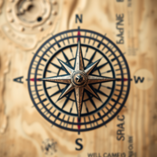 Generate a detailed compass design with sharp, prominent points and a circular background, using a 50mm lens, f/1.8 aperture, ISO 100, and a shallow depth of field, top-down view, digital illustration style.