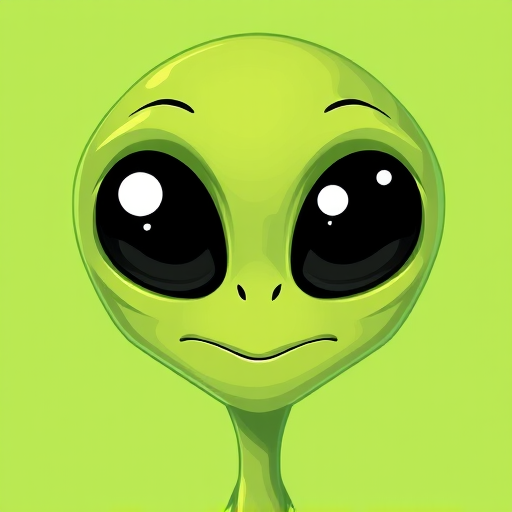 Generate a vibrant illustration of a cartoon alien head featuring a smooth green surface with large black eyes, using a Canon EOS 5D Mark IV camera, with a depth of field of f/2.8, 50mm lens, at a high resolution for sharp image quality.