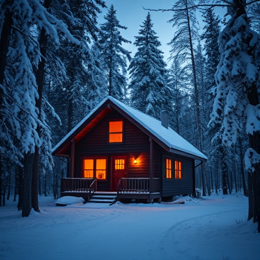 winter cabin in a snowy forest at dusk with warm lights glowing from the windows, taken with a Canon EOS R5, 24mm lens, aperture f/8, shutter speed 1/60, ISO 200, wide-angle view, soft focus background, high dynamic range for enhanced details