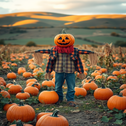 Capture a vibrant autumn scene featuring a scarecrow with a pumpkin head standing amidst a field of pumpkins and corn, with rolling hills in the background, using a Canon EOS R5 with a 24-70mm f/2.8 lens at f/5.6, ISO 100, shutter speed 1/250s, shot from eye level to highlight depth and detail.