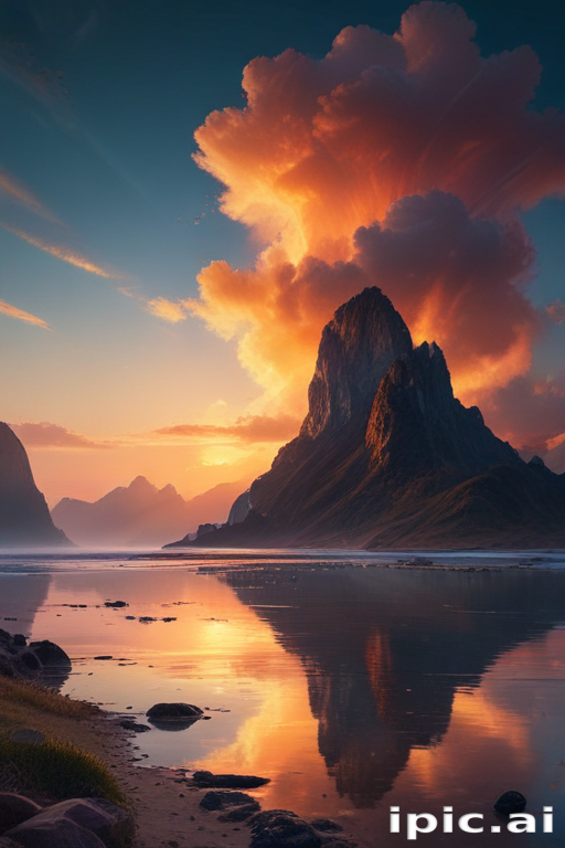 Majestic Mountain Reflected in Tranquil Waters Under Vibrant Sunset Sky