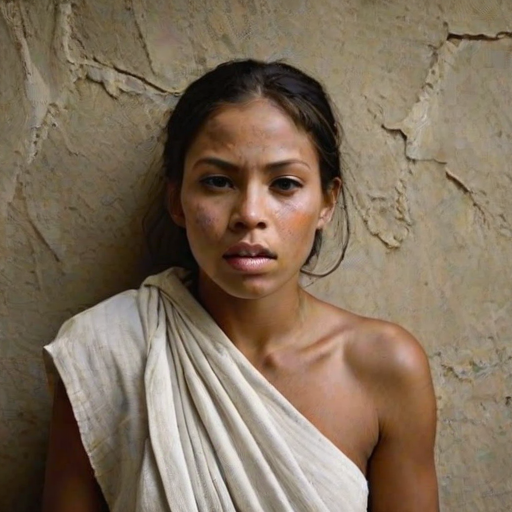 Create a close-up photographic image of a taino woman with light skin tones shown against an old, worn wall. Their head is wrapped in a white cloth covering (i.e.... parts of the head except the nose and mouth, which are open as if they are screaming...), with a slight texture and visible folds in the fabric. Thin strands of blonde hair escape from the wrapping above, falling lightly at the top and sides. Their hands hold the fabric as if they are tugging nervously. The lighting is dramatic and even, casting strong shadows. The image has a minimalist and surreal style with an emphasis on simplicity with soft color tones. The composition is centered.