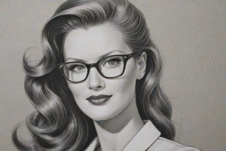 Ravishing Sandra Lee, pencil sketch, portrait of Gorgeous woman 1944s in glasses, hair style beatnik, outline, clear lines, fine lines, 8k
