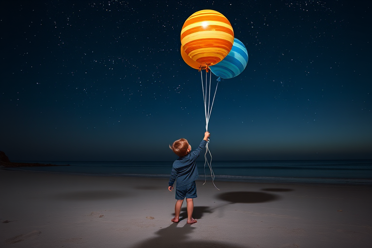 Create an enchanting night scene of a child holding balloons shaped like planets, standing on a sandy beach, with a starry sky overhead; use a wide-angle lens at f/2.8, ISO 100, shutter speed 1/60s, DSLR camera style, and HDR imaging for enhanced details and colors.