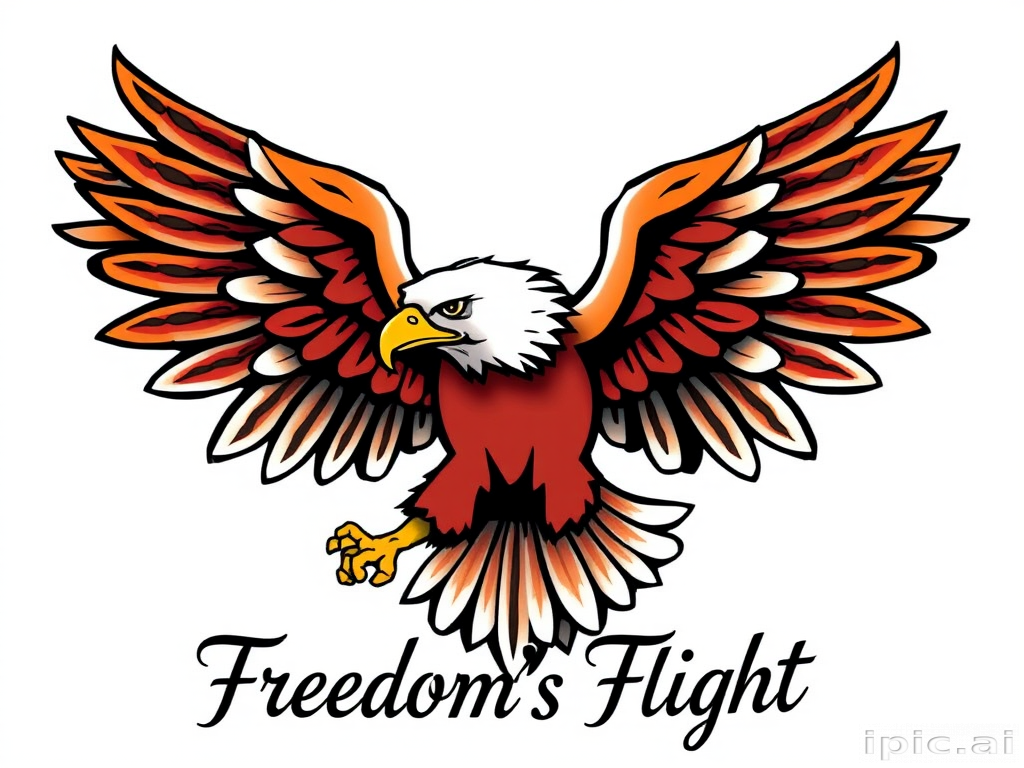 Traditional American tattoo design featuring a bold eagle with spread wings, incorporating bright primary colors and thick black outlines, dubbed "Freedom's Flight"