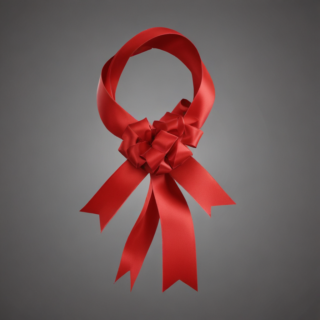 Elegant Red Ribbon Bow with Flowing Tails Against a Soft Background