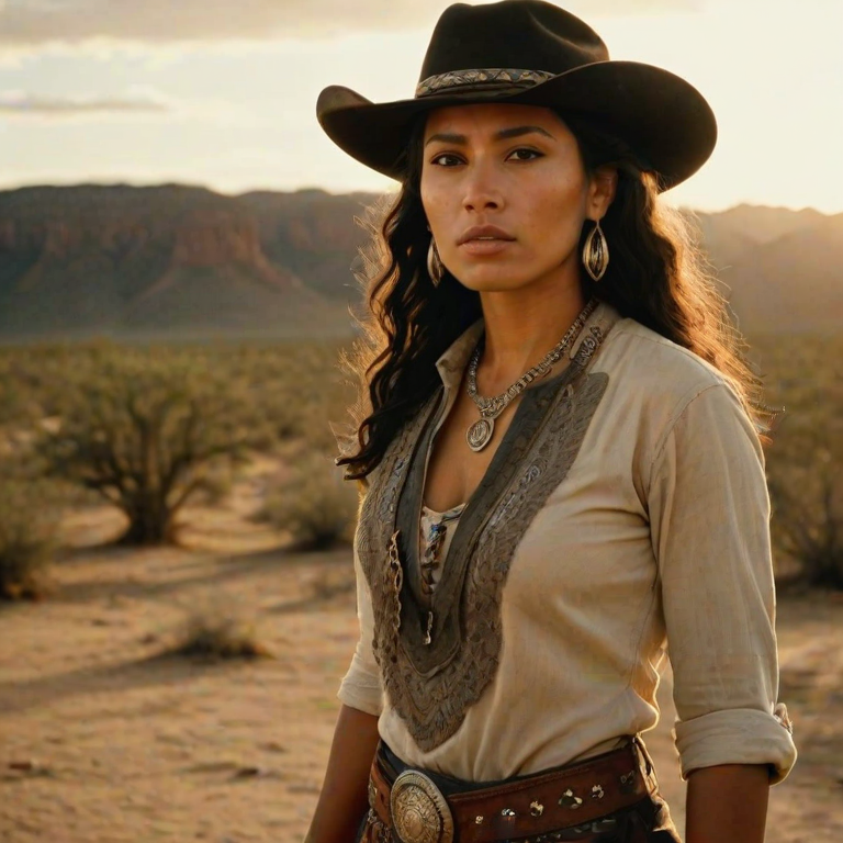 Dramatic photo of a beautiful taino woman, classic cowboy attire, confident and free spirit expression, half-length portrait, centered, golden hour desert landscape, warm, diffused light, low angle, medium format film camera, in style of Annie Leibovitz.