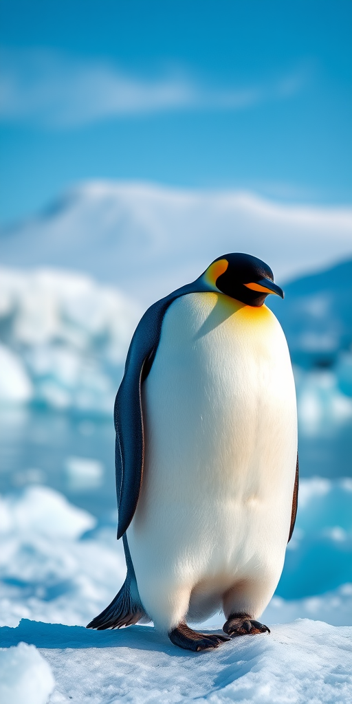 A majestic emperor penguin standing on an iceberg in a breathtaking polar landscape, captured using a DSLR camera, 50mm lens, f/2.8 aperture, ISO 100, natural lighting, 1/500 sec shutter speed, focusing on the vivid colors and details of the penguin and icy surroundings.
