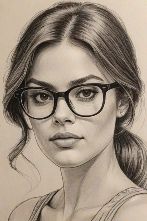 Gorgeous Anabelle Acosta, pencil sketch, portrait of Comely woman 1977s in glasses, hair style beatnik, outline, clear lines, fine lines, 8k