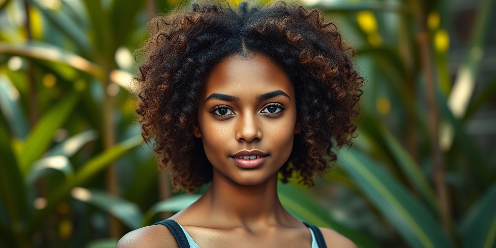 portrait of a young woman with curly hair in a vibrant jungle setting, warm color palette, soft focus, natural lighting, 85mm lens, f/1.8 aperture, ISO 100, shallow depth of field, Canon EOS 5D Mark IV, high-resolution detail, balanced composition