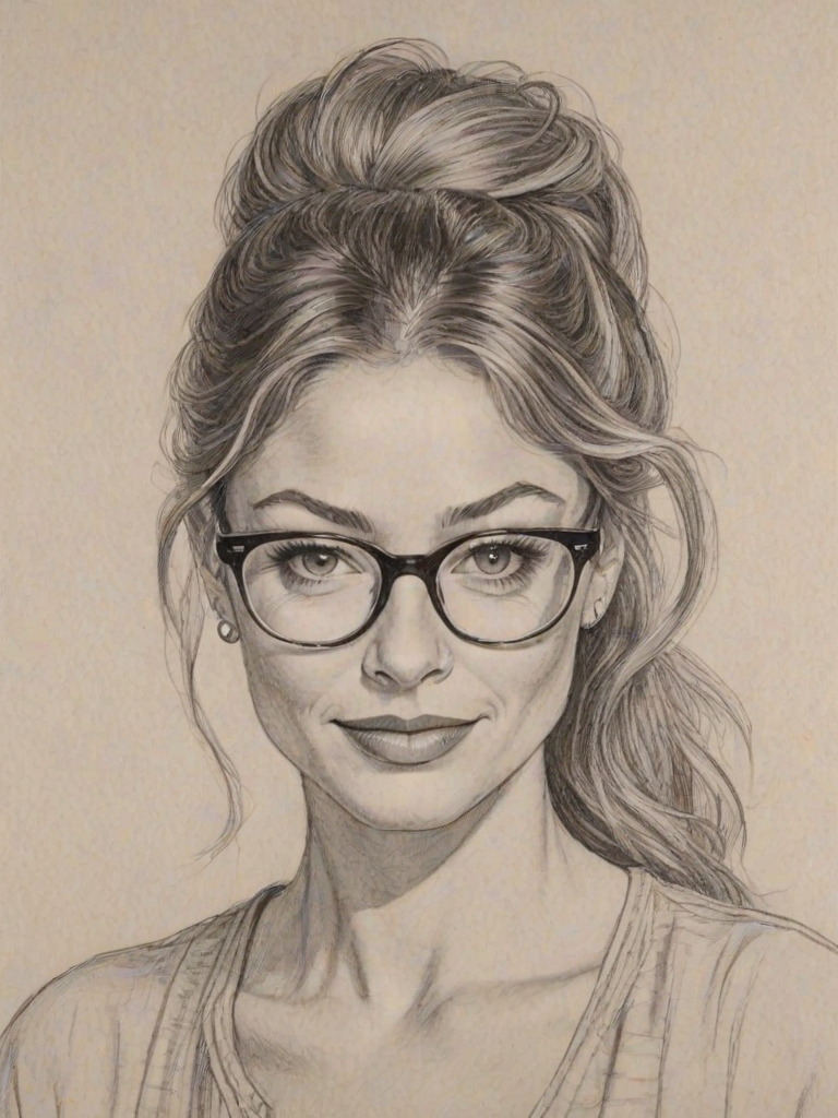 Wonderful Rebecca Gayheart, pencil sketch, portrait of Captivating woman 1958s in glasses, hair style beatnik, outline, clear lines, fine lines, 8k