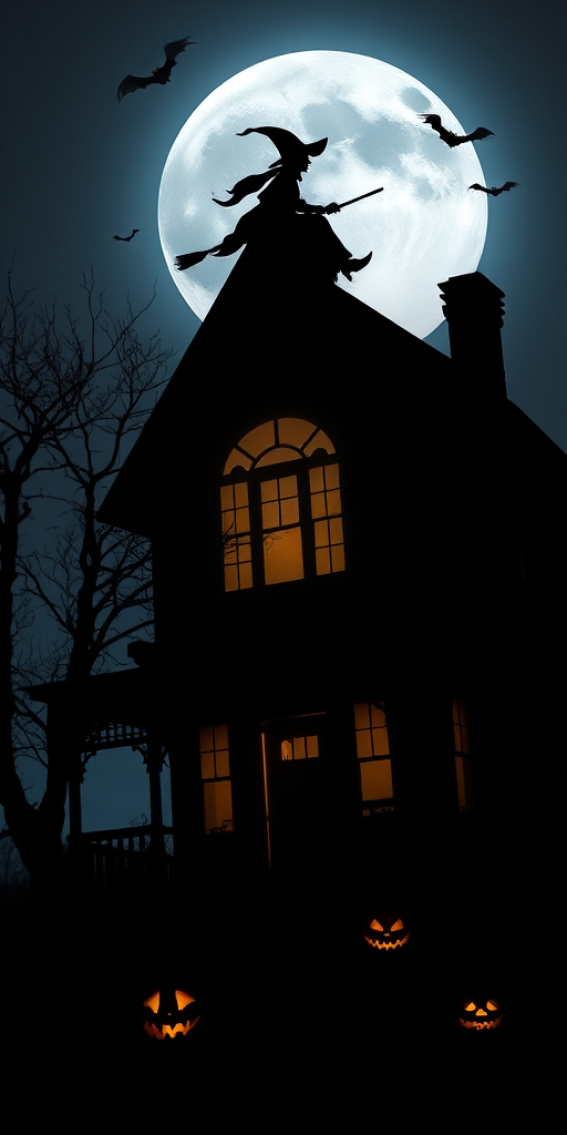 Create a spooky Halloween scene featuring a haunted house silhouetted against a full moon with a witch flying on a broomstick, include a dark tree and bats in the background, use a DSLR camera with a 24mm lens, aperture f/8, ISO 100, and a long exposure of 15 seconds for enhanced detail and depth.