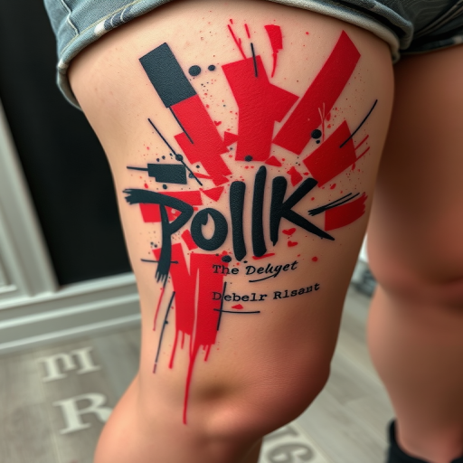Trash polka tattoo combining realistic and abstract elements on the thigh, featuring bold red and black ink with chaotic brushstrokes and text