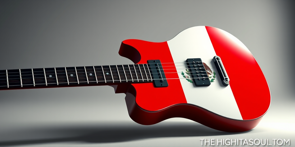 Create a high-resolution digital illustration of a guitar decorated with the Mexican flag, using a 50mm lens, f/5.6 aperture, ISO 100, in a studio setting with soft diffused lighting for enhanced colors and details.