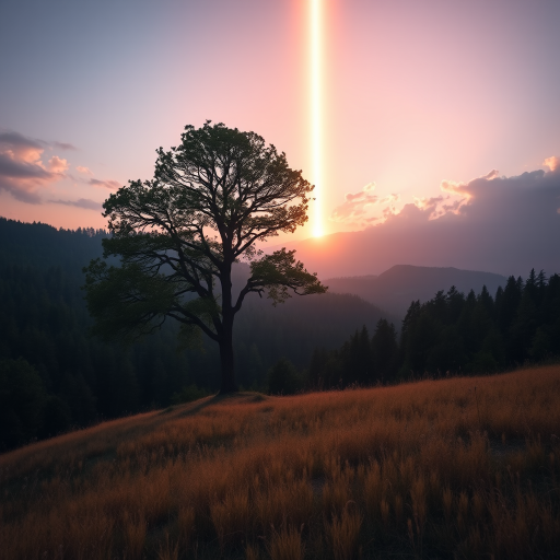 Create a surreal landscape featuring a solitary tree at twilight, with a bright vertical beam of light piercing the sky, surrounded by lush forests and golden grass, captured with a DSLR camera at f/2.8, ISO 100, 1/60 sec, using a wide-angle lens for an immersive perspective.