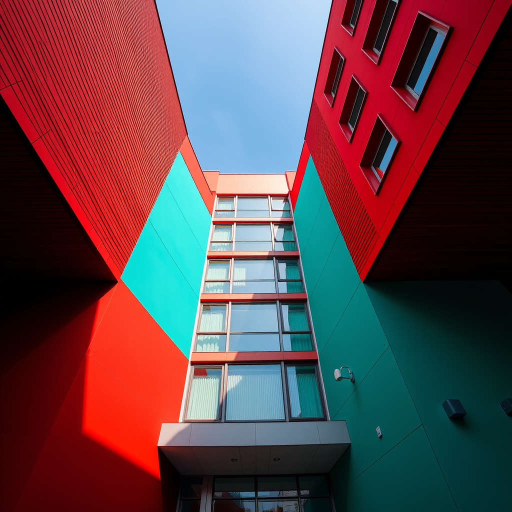Capture a vibrant architectural photo of a modern building with contrasting red and turquoise walls, using a Canon EOS R5, 24mm lens, f/8 aperture, 1/200s shutter speed, ISO 100, shooting from a low angle to emphasize the height and colors, in bright daylight to enhance the saturation and shadows.